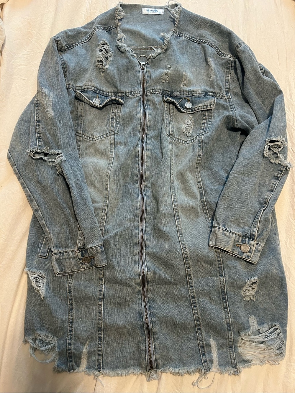 Oversized Distressed Light Wash Denim Jacket with Zip Front